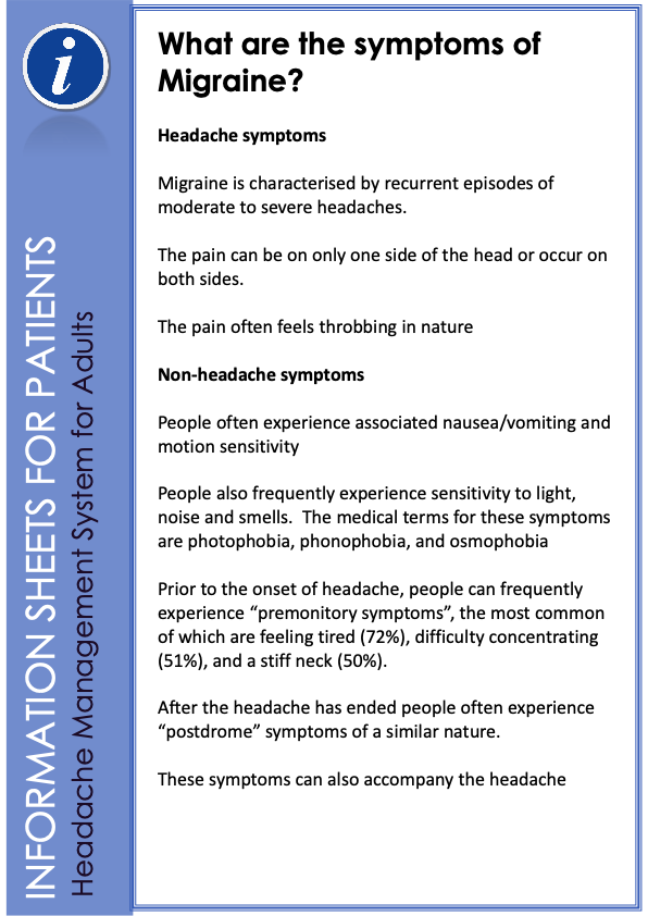 thumbnail of migraine symptoms information sheet